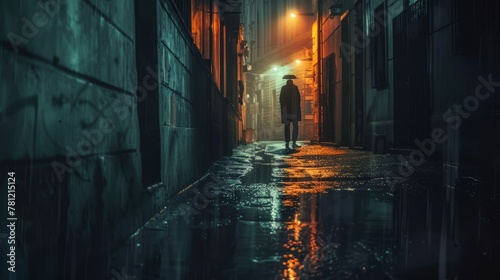 Lonely figure standing in a rain-soaked alleyway