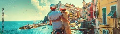 Tourist enjoying the coastal view of a colorful Italian village. Travel and leisure concept.