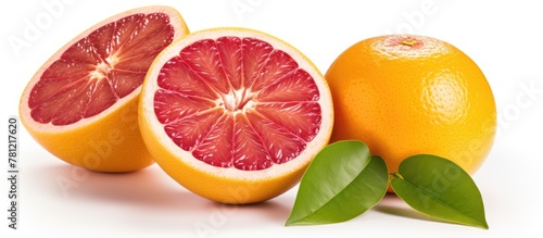 One partially open grapefruit among three halved fruits