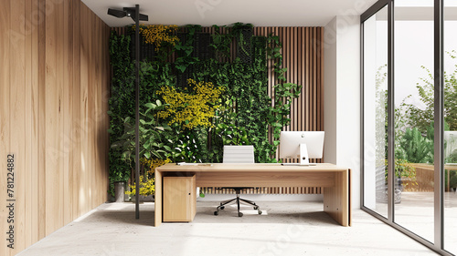Ein minimalistisches Zen-Home Office mit klaren Linien, Naturholz, Holzwand und einfachen, funktionalen Möbeln,vertikalen Gartenwand, gelbe Blumen. Generative KI.