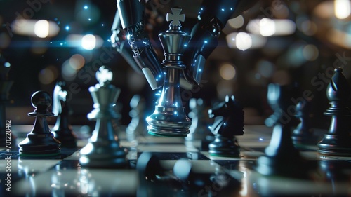 The digital hand of AI orchestrates a strategic masterpiece as the chess king triumphantly beats other pieces on the board.