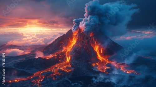 A dramatic volcanic eruption with glowing lava flows and ash clouds illuminated by fiery sunset light.