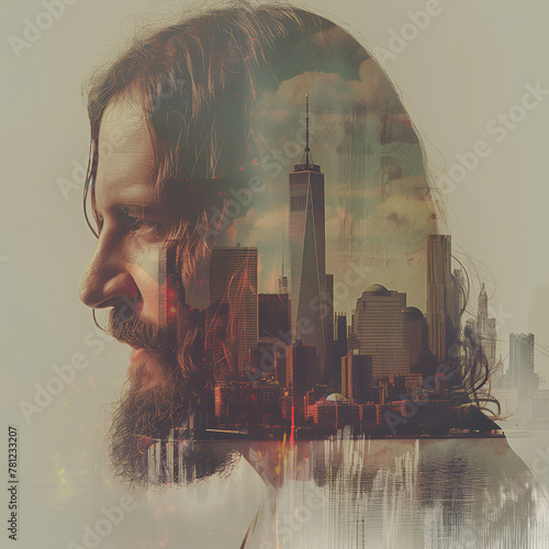 Double exposure image of Jesus Christ and skyscrapers