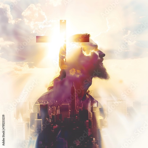 Double exposure image of Jesus Christ, Christian cross and skyscrapers