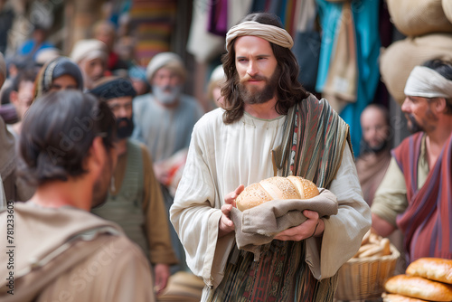 Jesus Christ feeding crowd of five thousand people with loaves