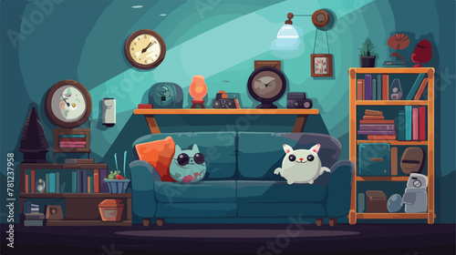 Illustration of a living room with stuffed head dec