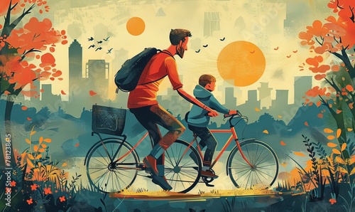 Ai illustrazione di una gita in bicicletta padre e figlio 03
