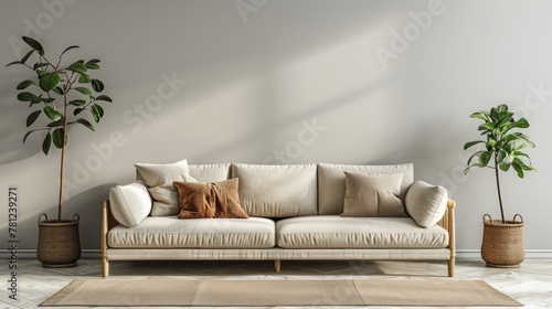 A white couch sits in front of a wall with two potted plants. The couch is the main focus of the image, and the plants add a touch of greenery to the space. Scene is calm and inviting