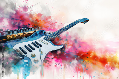Abstract distressed watercolour painting of an electric guitar and piano keyboard synthesiser for a music poster or flyer, stock illustration image