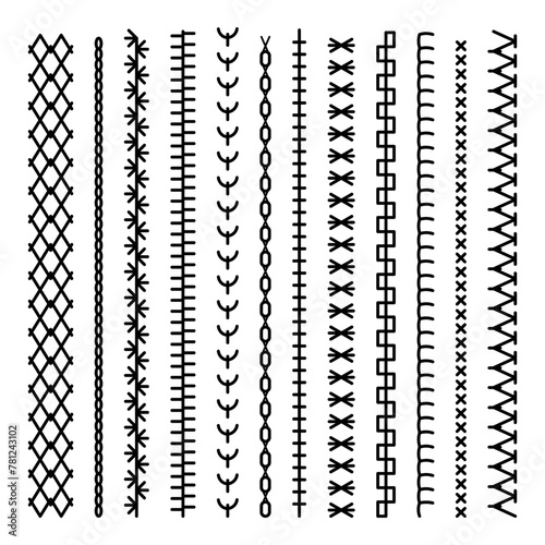 Different types of machine black stitch brush pattern for fasteners, dresses garments, bags, clothing and accessories. Set of sewing machines for embroidery. Embroidery cloth edge texture. Vector