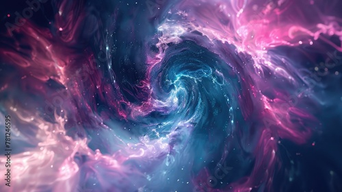 A captivating abstract image showcasing a cosmic vortex swirling with intense pink and blue hues, resembling a celestial phenomenon.