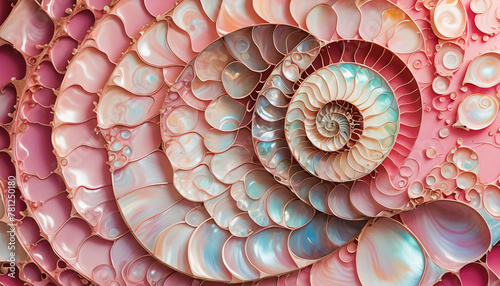 maritim abstrakte Vorlage Hintergrund, geschwungen dynamisch natürlich in Perlmutt glänzend, Spirale wie fossile Ammonite Nautilus Muschel Schnecke, bewegt kurvig wellig schneckenförmig Meer