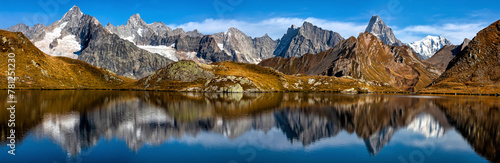 Beautiful panorama of mountain lake. reflection of the mountain in lake panorama