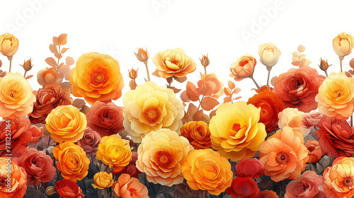 Dessin de fond de fleurs oranges, parterre de roses et rosiers en éclosion sur fond blanc, motif floral pour