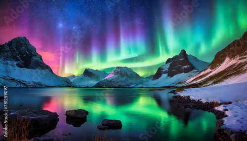 Beautiful shimmering aurora borealis visible in the middle of the night over the lake and mountains, illuminating the land.