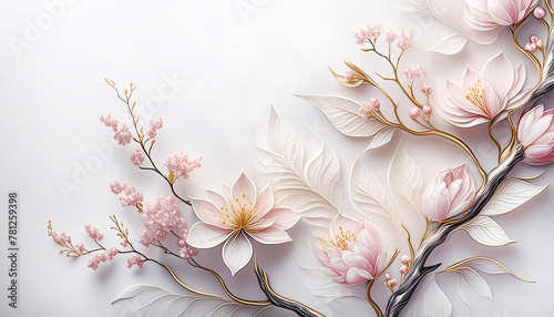 Białe kwiaty, tło kwiatowe, wiosenna wiśnia. Tapeta ścienna ,dekoracja. Wzór kwiatowy na białym tle