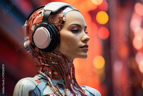 A conversational AI developer wearing a headset, fine-tuning dialogue algorithms, posed against a vibrant coral background.