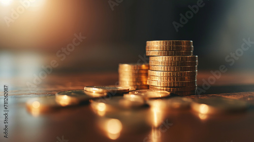 Geld Münzen Geldmünzen liegen auf dem Tisch als Stapel mit difusem Licht Blendflecke in Natur Symbol Generative AI