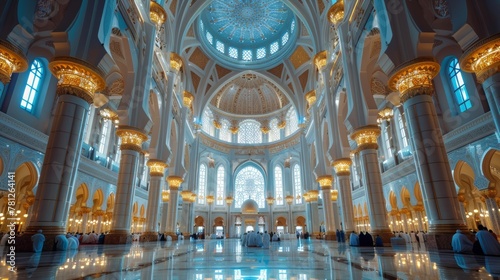 Serene Moment in Grand Mosque Interior with Worshippers Gathering Underneath Ornate Dome