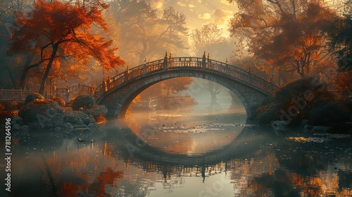Ornamental bridges arch gracefully over winding streams, their arched reflections mirroring the beauty above, creating a sense of unity between earth and sky.