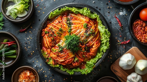Authentic Korean homemade napa cabbage kimchi, top view, showcasing the vibrant colors and textures of Korean cuisine in 8K , 8K , high-resolution, ultra HD,up32K HD