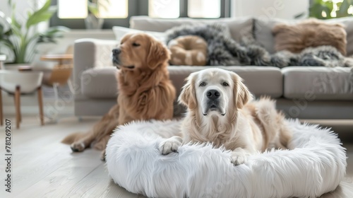 two golden retrievers in elegant living room setting with modern furniture and decor