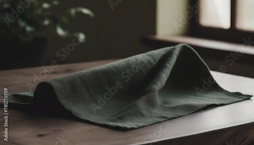 dark green linen napkin on walnut table indoor with natural window light