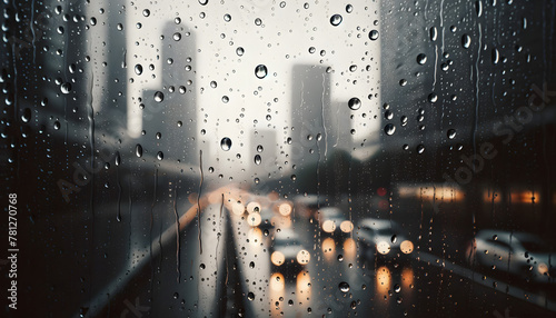 Gouttes de pluie sur la vitre d'une journée pluvieuse en ville