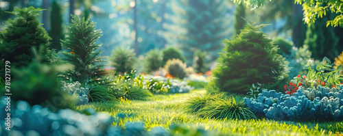 Beautiful coniferous garden with blue spruces, fir trees, thujas and junipers. Colourful background.