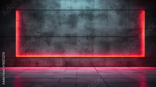 A concrete wall with a radiant red neon light forming a rectangle, giving a modern and futuristic feel to the interior