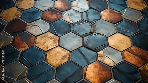 A detailed shot capturing the earthy color palette and geometric pattern of hexagonal ceramic tiles reminiscent of modernist style