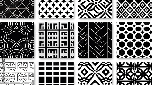 This set showcases a variety of black and white designs with intricate patterns and bold contrasts suited for any creative project