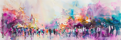 A vibrant watercolor artwork captures the essence of a busy street fair in the twilight hours with colorful silhouettes of people