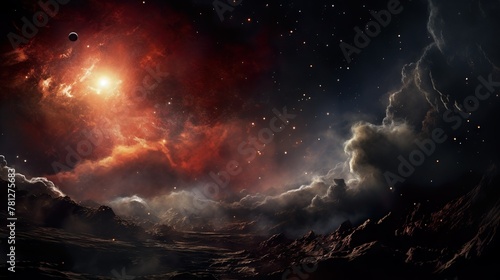 A dramatic scene unfolds as vibrant cosmic clouds entwine with rugged mountains, depicting the untamed beauty of the universe