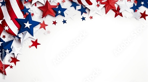 A patriotic array of scattered red, white, and blue stars on a clean white backdrop