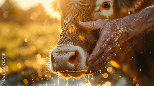 Close-up of a person's hand touching a cow's nose