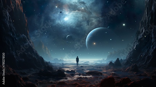 A digital artwork depicting a lone figure surrounded by a breathtaking space panorama