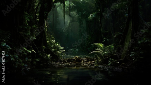 A serene river making its way through the dense flora of a tropical forest, captured in tranquil, enchanting lighting