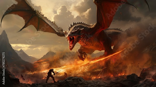 A dramatic encounter unfolds as a fearless warrior with a glowing sword confronts a roaring dragon in a blazing inferno