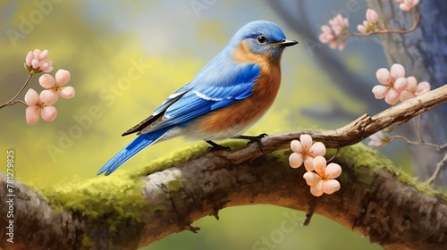 A mesmerizing bluebird perched on a mossy branch adorned with delicate pink flowers, invoking the beauty of nature