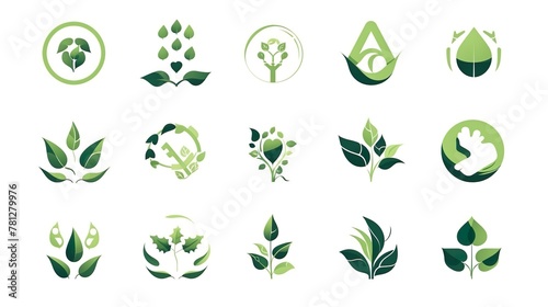 An artistic collection of green leaf and plant icons symbolizing various aspects of sustainability and nature conservation