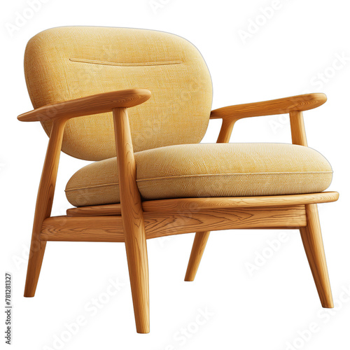 Midcentury modern armchair with a wooden frame and yellow fabric upholstery