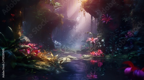 This image creates a magical mood with its deep, rich jungle pathway illuminated by otherworldly lights, and mysterious aura