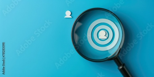 Closeup of magnifying glass with target and person icons on blue background, symbolizing horizon for potential new customer or employee.