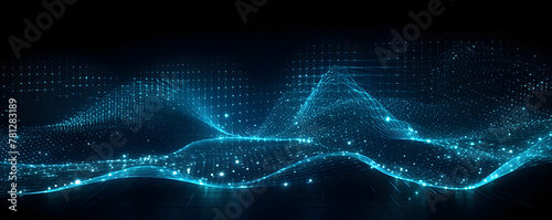 An abstract blue background depicts a wave composed of interconnected points and lines, suggesting elements of cyberspace, big data, metaverse, network security, and data transfer.
