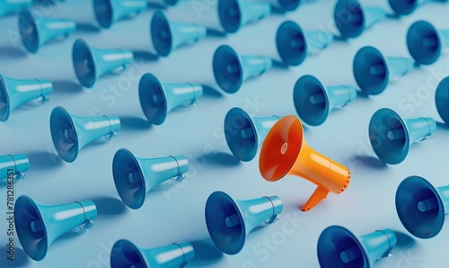 Multiple blue megaphones arranged in rows on a light cyan background, with one orange loudspeaker standing out from the crowd. The concept conveys creativity and individuality among many people.