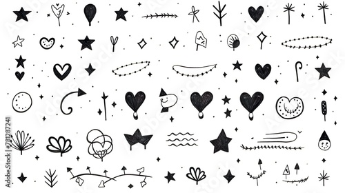 Whimsical black and white doodles featuring elements of the night sky and celestial objects