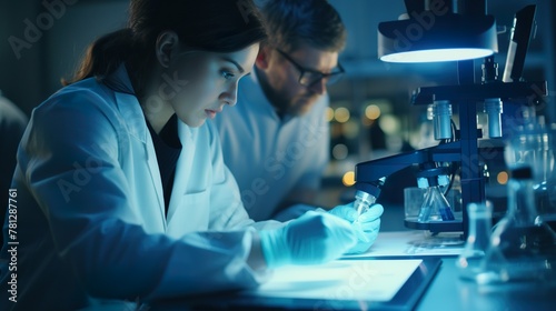 A riveting image capturing two professionals engaged in scientific research using advanced laboratory equipment, depicting the pursuit of knowledge