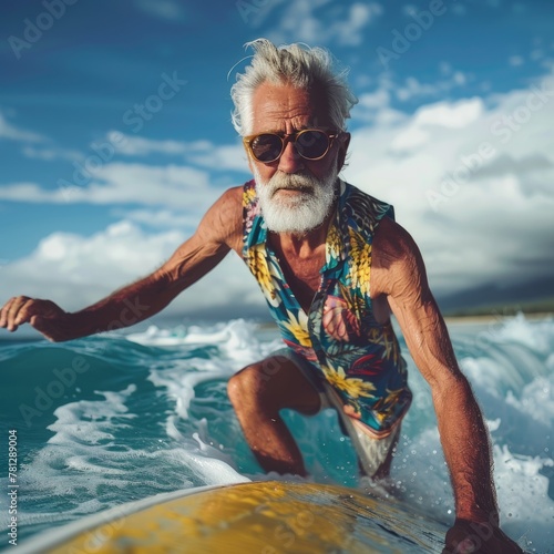 Elderly Surfer with White Beard Executing a Surf Maneuver in Crystal Clear Waters