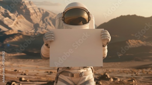 astronaut stands with a empty white poster or signboard on barren landscape